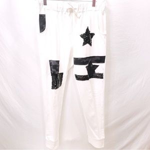 Womens White with Black Sequin and Camouflage Patchwork Detail Joggers NWOT M